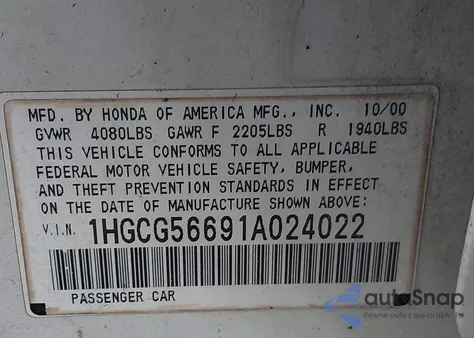 2001 Honda Accord 2.3 Ex from USA, damaged, VIN 1HGCG56691A024022
